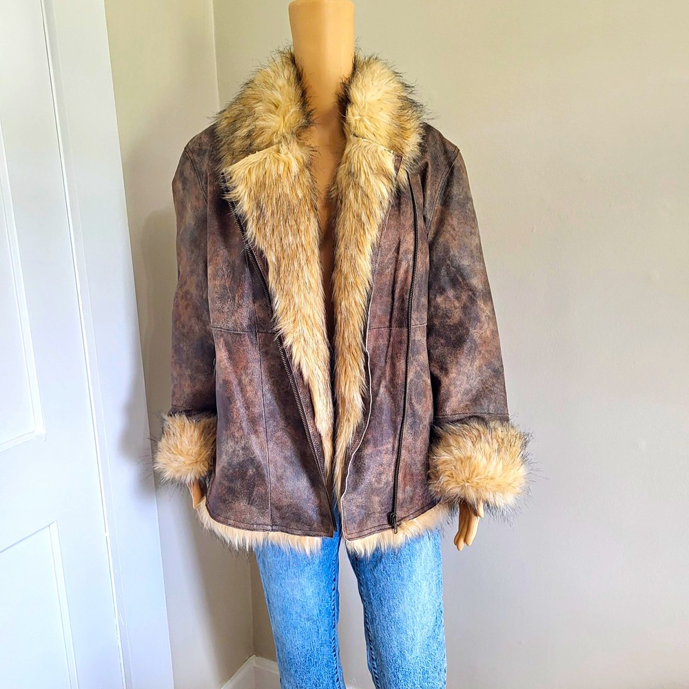 VTG Newport News Brown 100% Leather Faux Fur Trim Penny Lane Jacket Women's 18